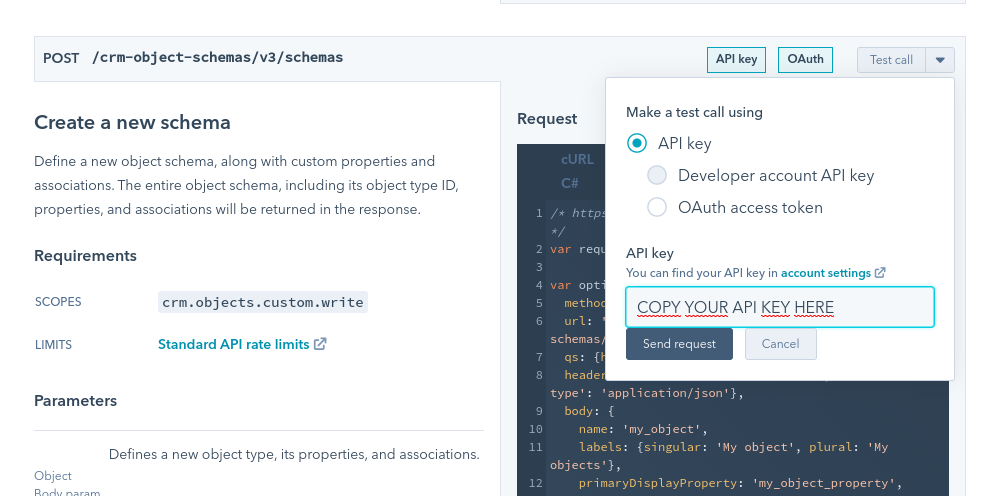 Use your HubSpot API key to create a HubSpot Custom Objects