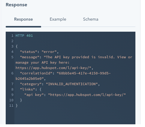 Example of a bad request http response from HubSpot servers